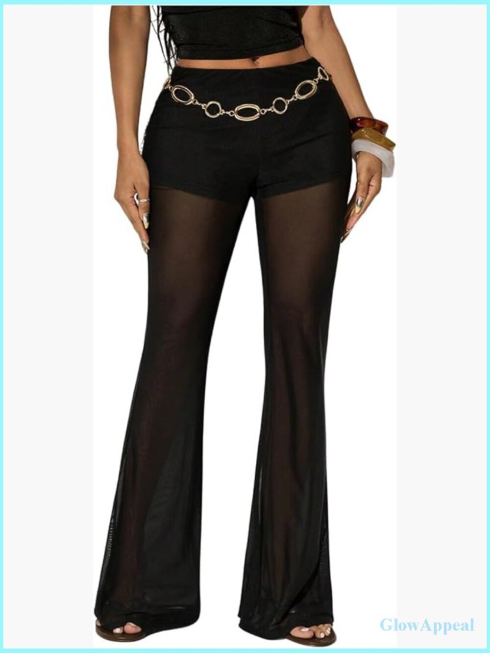 Sheer Mesh Flare Pants Low Rise Bell Bottom Trousers Clubwear